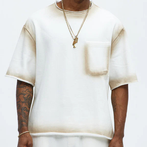 T-shirt en coton blanc surdimensionné pour homme, manches courtes, col rond, couleur unie, design décontracté avec poche - Product Image 1