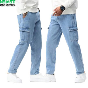 Jeans cargo en denim bleu clair pour homme, pantalon streetwear multi-poches, coupe slim, pantalon utilitaire, vêtements décontractés tactiques en coton - Product Image 1