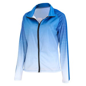 Women's Full Sleeve Gradient Blue Sport Jacket Quick Dry <b>Knitted</b> Zipper Front Color Blocking Hooded Collar Regular Fit Set - Product Image 1