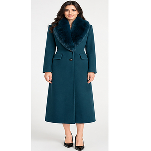 Abrigo Largo de Invierno para Mujer, Color Verde Azulado, Tendencia 2026, con Cuello de Piel Sintética, Elegante, Cálido y a la Moda - Product Image 1