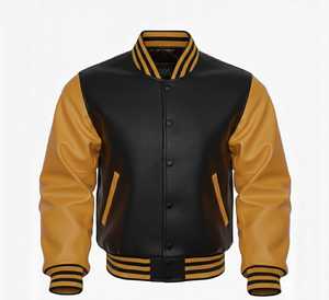 Veste en cuir classique pour homme Furat Leathers, manches en cuir noir moutarde, col montant, fermeture éclair, coupe-vent, respirante - Product Image 2