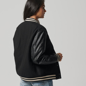 แจ็คเก็ตหนังเบสบอลแบบ Letterman สีดำสั่งทำพิเศษสำหรับผู้หญิง ขายดีที่สุด - Product Image 2