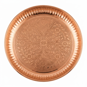 Plateau de prière traditionnel en cuivre gravé fait main, plateau de Puja, plateau d'Aarti, plateau de prière, décoration de temple, vente en gros, cadeau d'Inde - Product Image 1