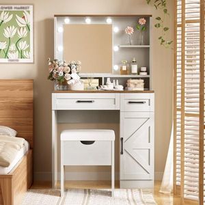 Farmhouse Adjustable Makeup <b>Vanity</b> Desk with Mirror Lights 3 Lighting Modes <b>Vanity</b> Set and Stool <b>Dressing</b> <b>Table</b> - Product Image 1