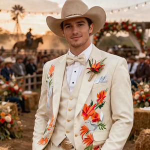 Costume de smoking beige brodé pour homme avec motif d'oiseaux et de fleurs – Blazer de cérémonie pour marié, costume 3 pièces - Product Image 1