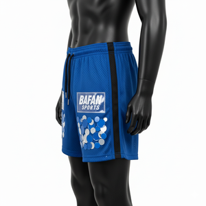 Shorts deportivos de malla transpirable de poliéster premium de 160 GSM para mujer, color azul real, con logo de lentejuelas aplicadas. - Product Image 2