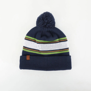Navy Wool Knit Breathable Waterproof Beanie <b>Hat</b> with <b>Pom</b> <b>Pom</b> Fold Cuff Warm Casual Winter Cap - Product Image 4