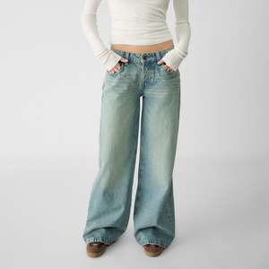 Jeans de mezclilla de cintura media para mujer, de pierna recta, con botones y cremalleras, de color lavado, informales, a la moda y sencillos, al por mayor - Product Image 1