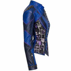 Royal Blue <b>Women</b> Genuine Leather Biker Jacket Custom Asymmetric <b>Wrap</b> Studded Photographer Graphic <b>Coat</b> OEM Factory Service - Product Image 3
