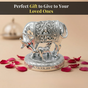 Handmade 24K Gold Plated Kamdhenu Cow Calf Idol Engraved Religious <b>Figure</b> Tabletop Decor for Home Office Diwali Wedding Living - Product Image 2