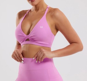 Ensemble de yoga rose 2 pièces pour femme, respirant, en spandex, avec haut dos nu à col en V profond et leggings taille haute longueur intégrale, design torsadé sans couture - Product Image 3