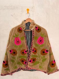 Bohemian Khaki Velvet <b>Embroidered</b> Suzani <b>Jacket</b> with Floral Pattern Full Sleeve Stand Collar Handmade <b>Women</b> Autumn Coat - Product Image 4