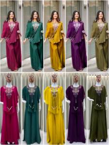 Olive Green Ethnic <b>Shawl</b> Collar Top and Palazzo Pants Set Floral <b>Embroidered</b> Wrinkle Free Women Outfit - Product Image 6