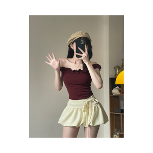 T-shirt en jersey de coton éco-responsable pour femme, coupe ajustée, plusieurs couleurs, nouvelle mode, bordure à volants féminine, style Bardot, gain de temps - Product Image 4