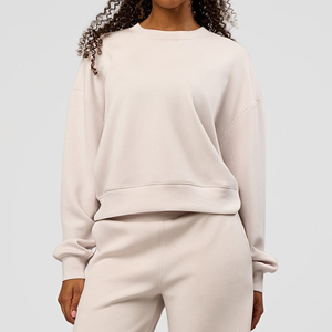 Sweat-shirt à col rond pour femme, couleur crème, coupe classique, 100% coton, tricoté, couleur unie, décontracté, pour l'automne - Product Image 1