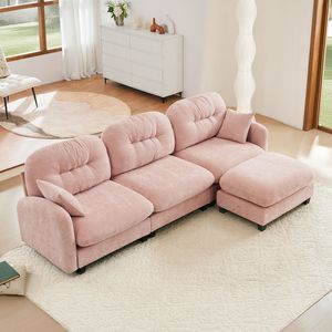 Divano Componibile a L in Tessuto Chenille Premium, Design Ergonomico, Facile Installazione, con Pouf Trapuntato e Plissettato per Soggiorno - Product Image 1
