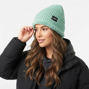 Trendy Sherpa Fleece Lined Beanie Warm Rib Knit <b>Winter</b> Wear <b>Hat</b> with Custom Logo Unisex <b>Hat</b> For Men <b>Women</b> - Product Image 2