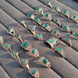Classic Ethnic Green Onyx <b>Rings</b> Set Silver Plated Brass Bezel Setting Adjustable Gemstone Bulk Lot Bohemian Style Unisex May - Product Image 4