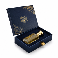 Caja de Regalo de Perfume de Lujo Azul Marino Intenso Personalizada con Inserto de Terciopelo Dorado con Diseño de Flor de Loto, Set de Empaque para Botella de Attar