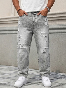 Jean en denim tissé coupe droite ample, délavé clair, avec bande latérale en strass, taille mi-haute, en coton léger, style streetwear - Product Image 2