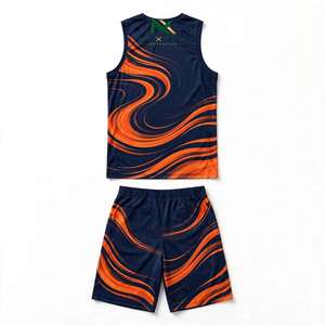 Ensemble d'uniformes de basketball pour hommes NEXTEX, imprimé tourbillon bleu marine et orange, maillot sans manches et short en polyester respirant, personnalisable - Product Image 2