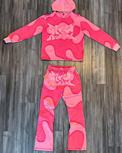 Survêtement polaire homme grande taille hiver, imprimé uni, avec broderie et patchs effet usé, comprenant un sweat à capuche zippé et un pantalon évasé - Product Image 3