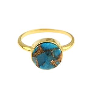 18K <b>Gold</b> Plated 925 Sterling Silver Smooth Wedding Party Statement <b>Ring</b> 12mm Natural Mohave Blue Copper <b>Turquoise</b> Gemstone Bezel - Product Image 1