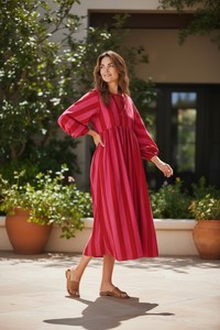Stripe Print <b>Boho</b> Midi <b>Dress</b> Women Cotton Puff Sleeve Casual <b>Summer</b> <b>Dress</b> Flowy Loose Fit Resort Wear - Product Image 4