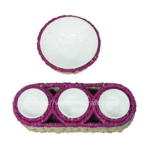 Juego de cuencos para servir algas marinas rectangulares de colores, bandeja tejida a mano, 3 cuencos pequeños, 1 cuenco grande, venta al por mayor, jacinto de agua hecho en Vietnam - Product Image 5