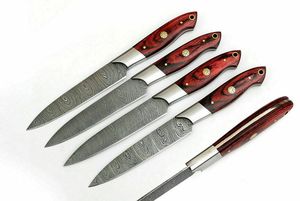 04-Piece Handmade Damascus Steel <b>Drop</b> Point Straight <b>Back</b> Multi-Functional Steak Knife Set Wood Handles Industrial Grade 3-Year - Product Image 4