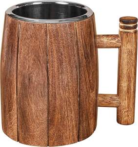 Chope à bière en bois faite à la main avec insert en acier inoxydable, design classique, poignée ergonomique, compatible lave-vaisselle, motif uni, coffret cadeau, pour fêtes et maison - Product Image 1