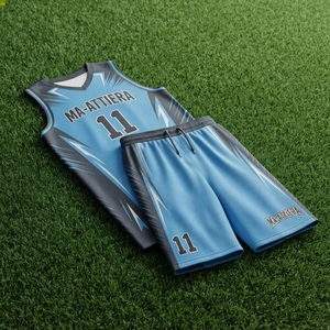 Ensemble short et maillot de basket-ball personnalisé bleu ciel et gris, uniforme d'équipe graphique, vêtements de sport par sublimation, maille respirante, OEM ODM - Product Image 5