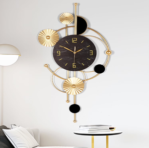 Beautiful nature inspired metal wall <b>clock</b> with golden deer and blue tree leaves, available at wholesale prices. - Product Image 2