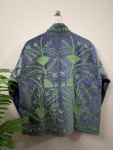 Veste Suzani grise de qualité supérieure brodée avec un motif floral, manches longues, col montant, style bohème, manteau d'hiver pour femmes - Product Image 6