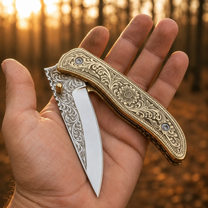 Navaja Plegable de Acero Inoxidable Grabada a Mano con Hoja de Punta Caída y Perilla para el Pulgar, EDC - Product Image 1