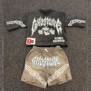 Ensemble T-shirt et short pour homme en coton tricoté vintage, respirant, décontracté, style streetwear, avec motif graphique DTG personnalisé, coupe oversize, effet délavé soleil et acide - Product Image 3