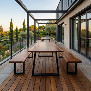Ensemble de table à manger en bois de suar massif avec bord naturel, 2 bancs, pieds trapézoïdaux en métal noir, style industriel rustique, meubles de patio extérieur - Product Image 6