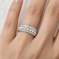 Three Row 925 Sterling Silver Zircon Band Ring with White Beads and Clear Rectangular Stones