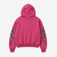 Sweat à capuche rose personnalisé avec imprimé flamme, coupe oversize, style streetwear, en coton French Terry, coupe classique, automne