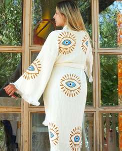 Kimono largo de algodón crepé con bordado de ojo, estilo bohemio, para mujer, albornoz envolvente, abrigo de casa, moda étnica bohemia vintage, el mejor. - Product Image 2
