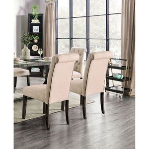 Chaises de salle à manger classiques en tissu de lin tufté ivoire, 2 chaises latérales à dossier en volutes, en bois massif, rembourrées, style rustique pour cuisine - Product Image 4