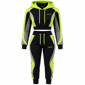Women's Winter Solid Streetwear Hooded Full Sleeve Crop <b>Top</b> Full-Length Jogger Pants 2-Piece Sports Set 100% Cotton Fleece Quick - Product Image 6