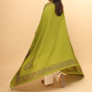 Women Kashmiri Shawl Olive Green Floral Embroidered Border Long Lightweight Winter <b>Wrap</b> Daily Use Traditional Scarf - Product Image 4