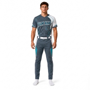 Ensemble de maillot et pantalon de baseball personnalisé pour hommes, sublimé, anti-humidité, coupe athlétique, nom de l'équipe, 23, gris, bleu, blanc, manches courtes - Product Image 1