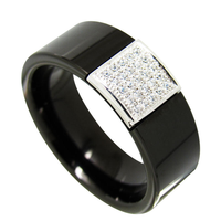 Cincin Tungsten Carbide dengan Panel Zirkonia Perak Berbentuk Kotak, Cincin Kawin Datar 8mm untuk Pria, Perhiasan Hitam Mewah Grosir