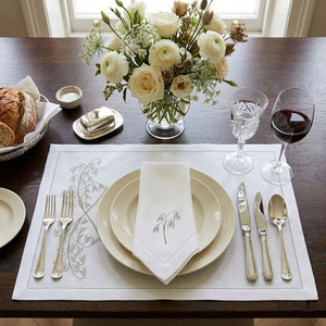 Juegos de Manteles Individuales y Servilletas de Bambú Bordados Lavables de Lujo al por Mayor, con Dobladillo de Lino Blanco, para el Hogar, Bodas y Eventos - Product Image 1