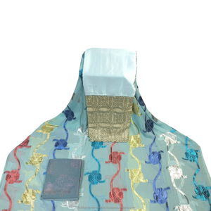 Dirac Fransawi de Lujo Azul Cielo con Patrón Multicolor y Detalles Bordados en Oro para Bodas Somalíes - Product Image 1