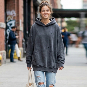 <b>Drop</b> Shoulder Distress Hoodie Women's Winter Printed Wash Distress Hood Ladies Loose Fit Distress Hoodie Tops Women - Product Image 3