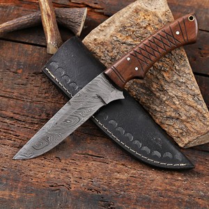 Cuchillo Nórdico Forjado a Mano de Acero de Damasco con Hoja Fija, Punta Caída, para Desollar, con Funda, Personalizado OEM, Espiga Completa, para Caza y Camping - Product Image 1