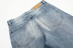 Jean en denim bleu délavé coupe large et droite, effet dégradé, design déchiré, haute qualité, style urbain - Product Image 5